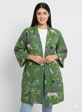 Lightweight Cotton Animal Print Green Handstitched Front Open Free Size Women Jacket Mid-Length Handicraft Trend