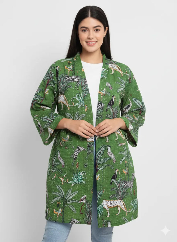 Lightweight Cotton Animal Print Green Handstitched Front Open Free Size Women Jacket Mid-Length Handicraft Trend