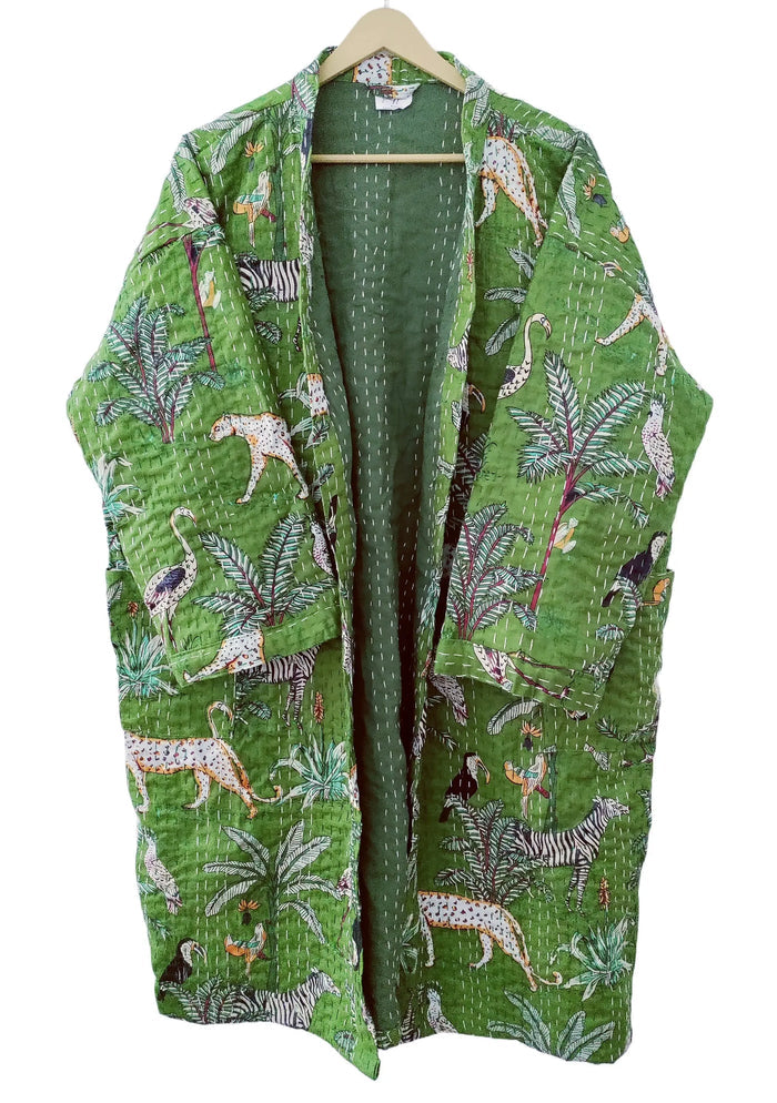 Lightweight Cotton Animal Print Green Handstitched Front Open Free Size Women Jacket Mid-Length Handicraft Trend