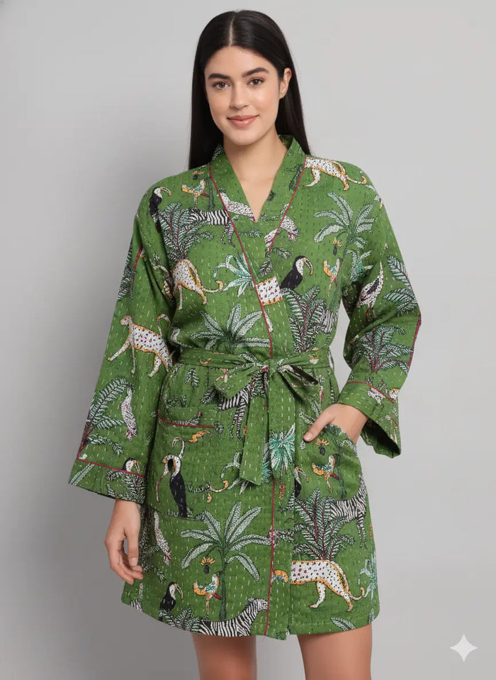 Lightweight Cotton Animal Print Green Handstitched Front Open Free Size Women Jacket Mid-Length Handicraft Trend