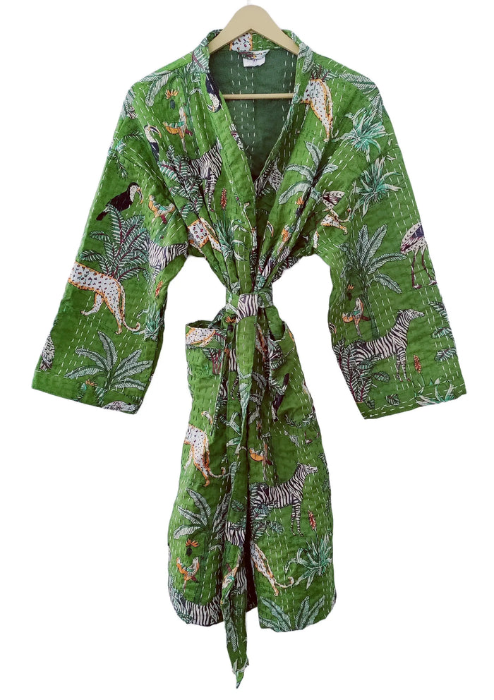 Lightweight Cotton Animal Print Green Handstitched Front Open Free Size Women Jacket Mid-Length Handicraft Trend