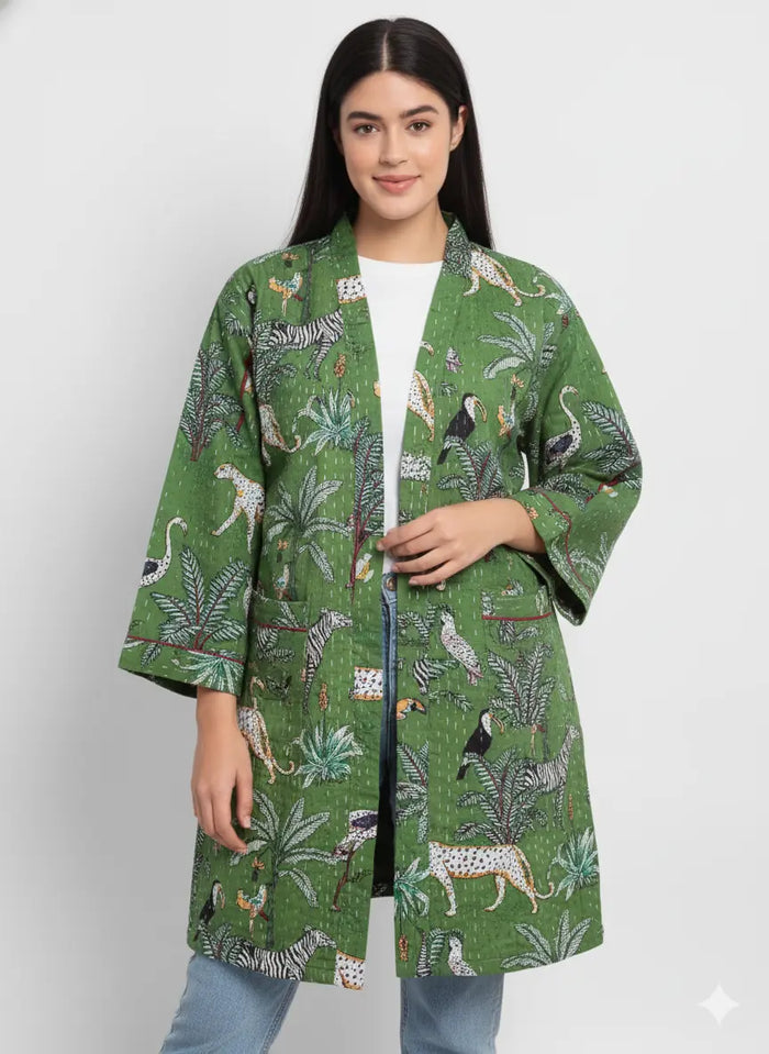 Lightweight Cotton Animal Print Green Handstitched Front Open Free Size Women Jacket Mid-Length Handicraft Trend
