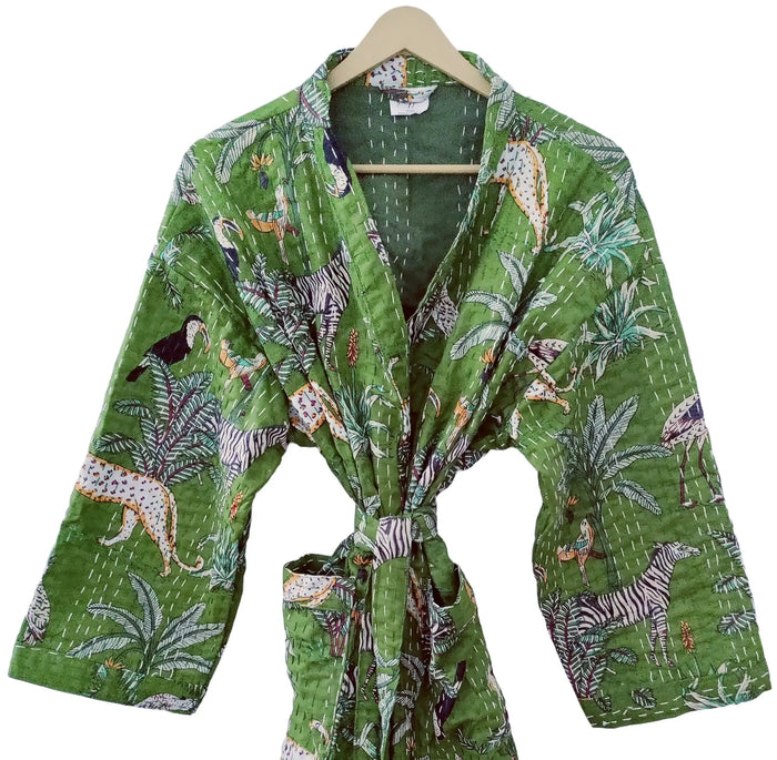 Lightweight Cotton Animal Print Green Handstitched Front Open Free Size Women Jacket Mid-Length Handicraft Trend
