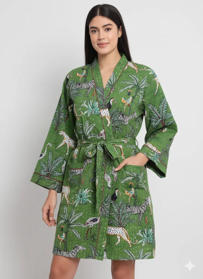 Lightweight Cotton Animal Print Green Handstitched Front Open Free Size Women Jacket Mid-Length Handicraft Trend