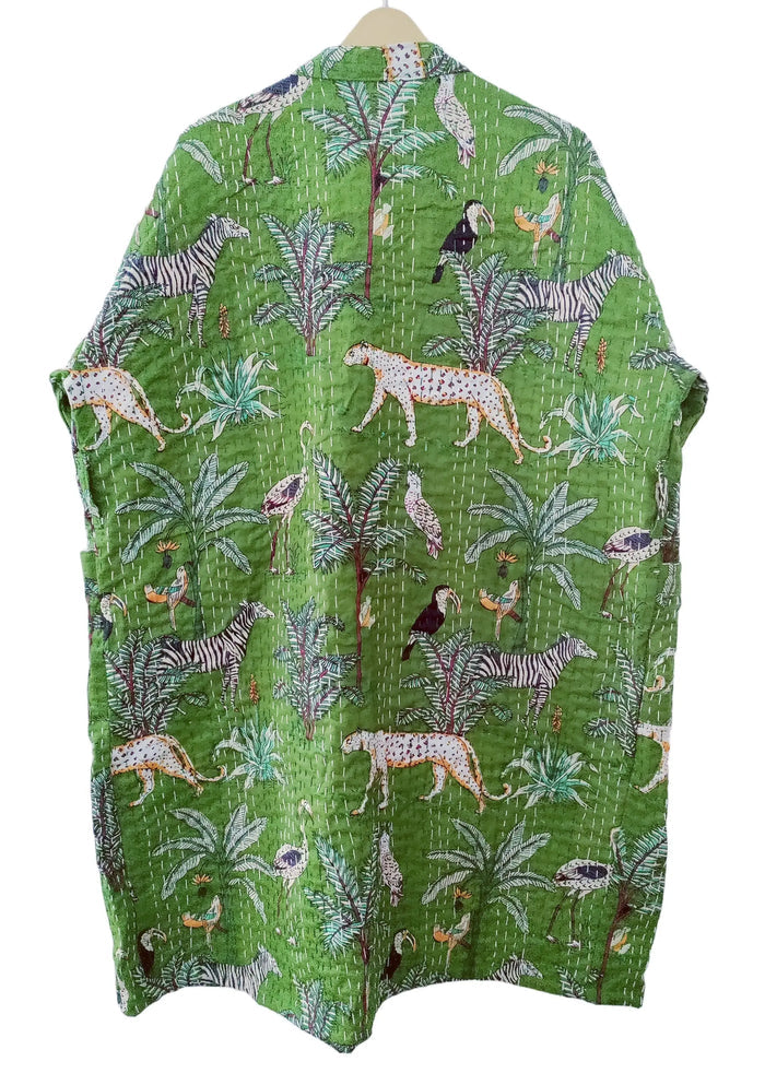 Lightweight Cotton Animal Print Green Handstitched Front Open Free Size Women Jacket Mid-Length Handicraft Trend