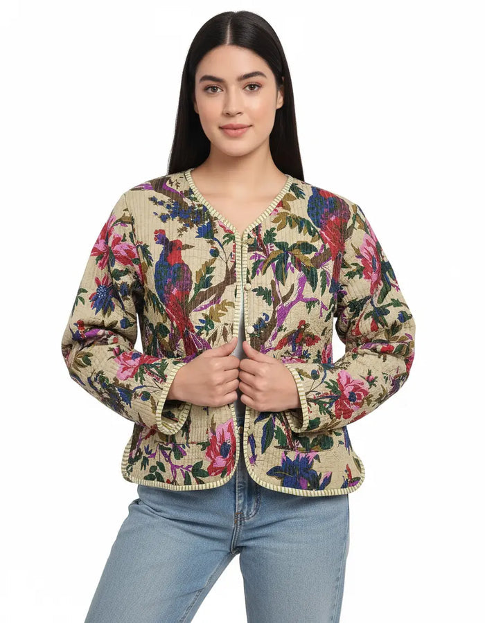 Lightweight Cotton Bird Print Floral Beige Quilted Short Jacket Women Biker Jacket Perfect for Winter wear Handicraft Trend