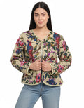 Lightweight Cotton Bird Print Floral Beige Quilted Short Jacket Women Biker Jacket Perfect for Winter wear Handicraft Trend