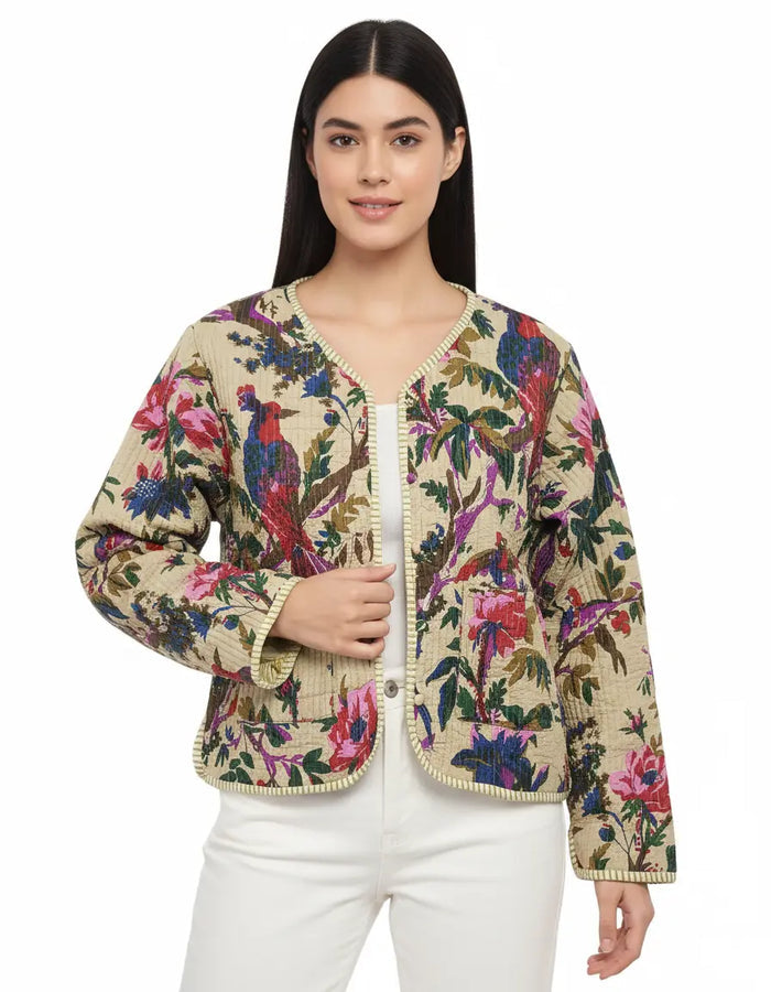 Lightweight Cotton Bird Print Floral Beige Quilted Short Jacket Women Biker Jacket Perfect for Winter wear Handicraft Trend