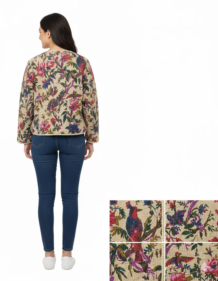 Lightweight Cotton Bird Print Floral Beige Quilted Short Jacket Women Biker Jacket Perfect for Winter wear Handicraft Trend