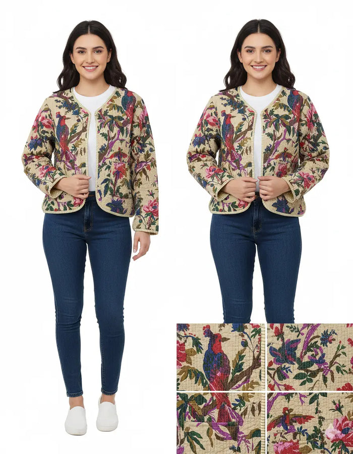 Lightweight Cotton Bird Print Floral Beige Quilted Short Jacket Women Biker Jacket Perfect for Winter wear Handicraft Trend