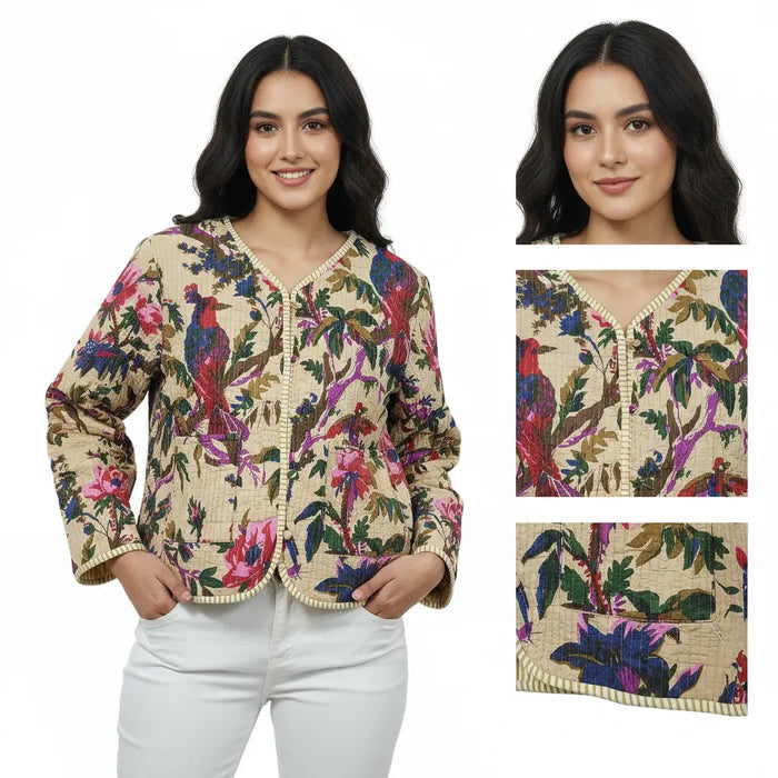 Lightweight Cotton Bird Print Floral Beige Quilted Short Jacket Women Biker Jacket Perfect for Winter wear Handicraft Trend