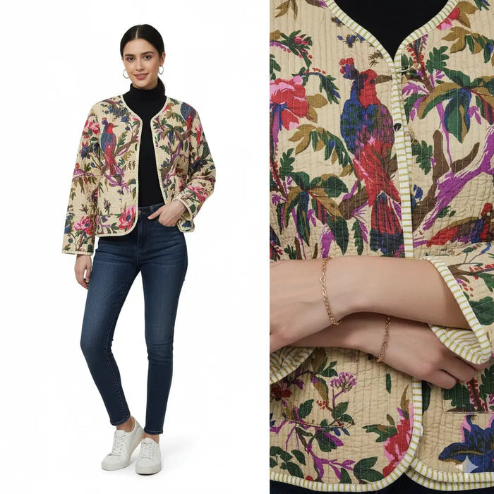 Lightweight Cotton Bird Print Floral Beige Quilted Short Jacket Women Biker Jacket Perfect for Winter wear Handicraft Trend
