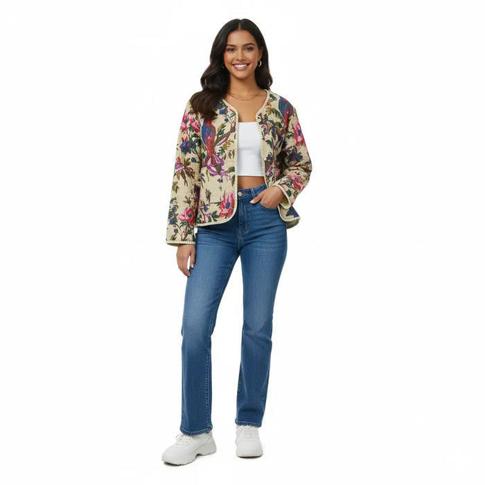 Lightweight Cotton Bird Print Floral Beige Quilted Short Jacket Women Biker Jacket Perfect for Winter wear Handicraft Trend