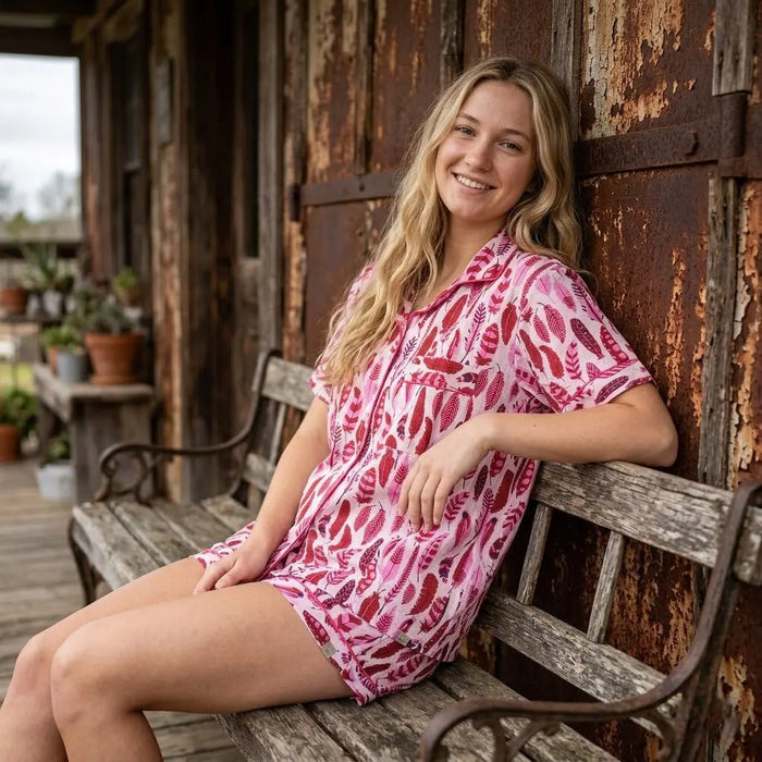 Lightweight Summer Pink Sleepwear Feather Print Cotton Soft Night wear Women Short Pajama Set Handicraft Trend