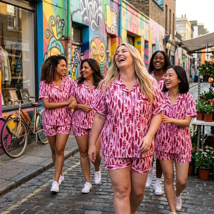 Lightweight Summer Pink Sleepwear Feather Print Cotton Soft Night wear Women Short Pajama Set Handicraft Trend