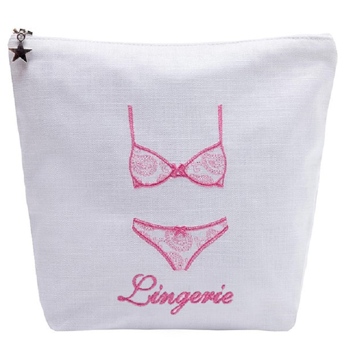 Lingerie Bag - White Linen / Cotton, Embroidered