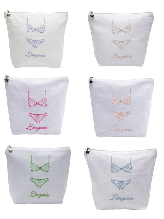 Lingerie Bag - White Linen / Cotton, Embroidered