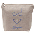 Beige pouch with blue lingerie illustration and 'Lingerie' text on a white background