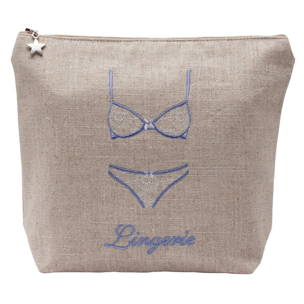 Beige pouch with blue lingerie illustration and 'Lingerie' text on a white background