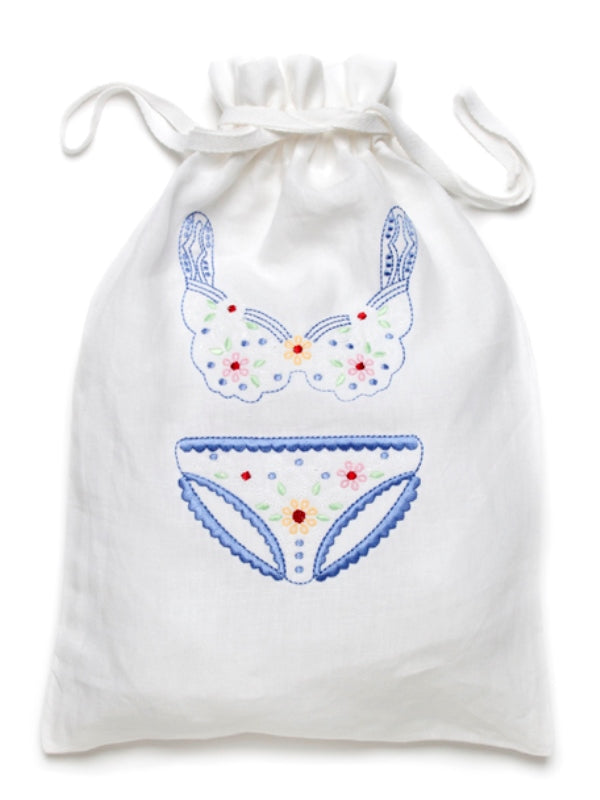 Lingerie Bag, White Cotton/Linen - Drawstring Closure
