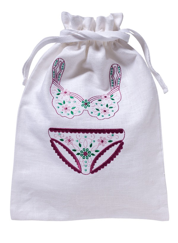 Lingerie Bag, White Cotton/Linen - Drawstring Closure