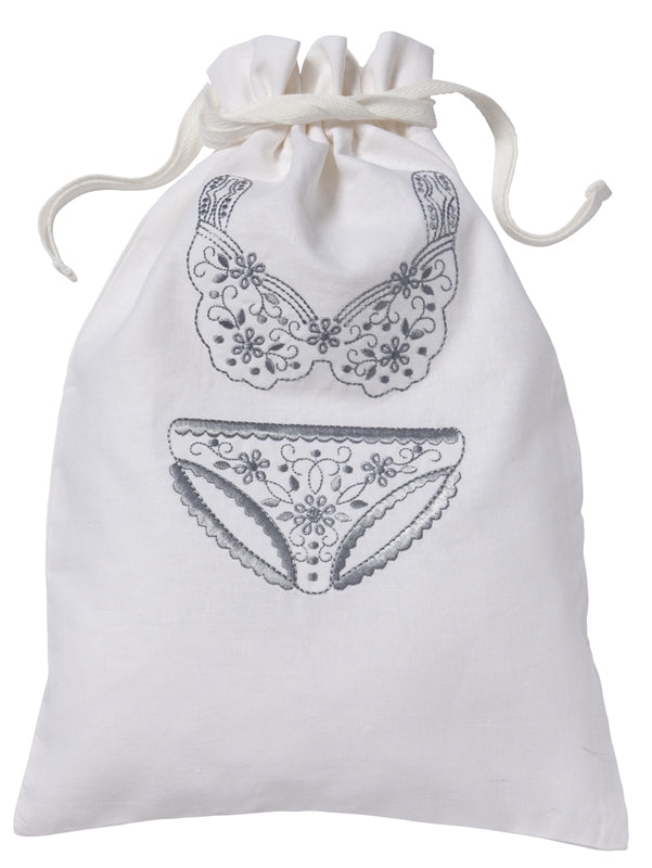Lingerie Bag, White Cotton/Linen - Drawstring Closure