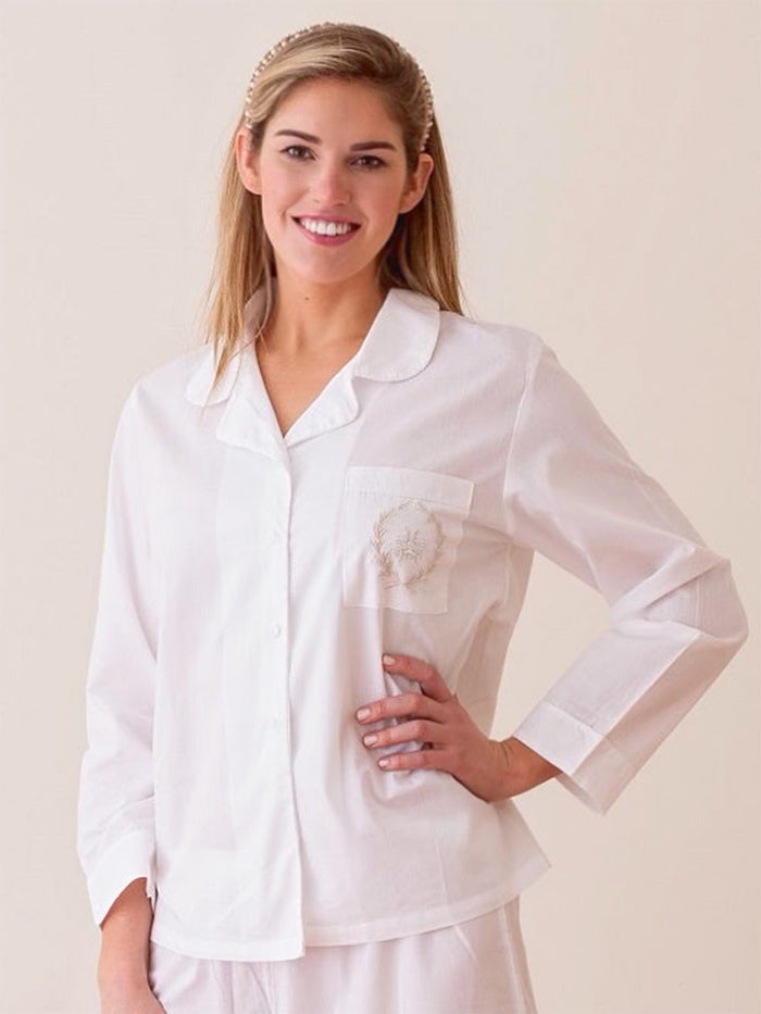 Lorraine White Cotton Pajamas, Embroidered