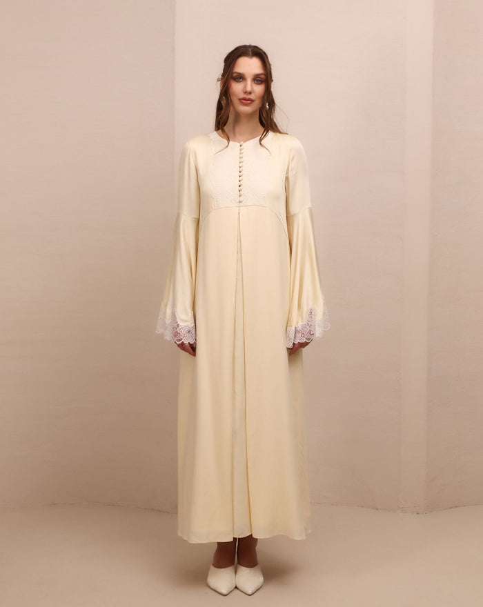 A serene static view of the Modest Lounge Dress, designed for an elegant and comfortable look at home.