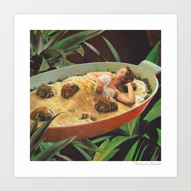 Meatball Extravaganza surreal art print — retro pin-up figure reclining in a giant spaghetti and meatball dish surrounded by lush greenery, kitsch Italian food wall art for bold kitchens
