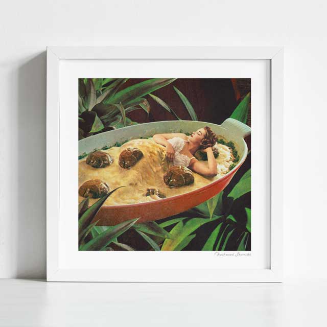 Meatball Extravaganza art print framed view — vintage surreal collage of pin-up woman in a meatball pasta dish, quirky Italian food kitsch wall art for dining rooms and gallery walls