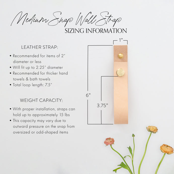 Keyaiira Modern Strap Wall Hook sizing and installation guide showing leather dimensions and hardware placement — minimalist leather wall organizer with brass hardware.