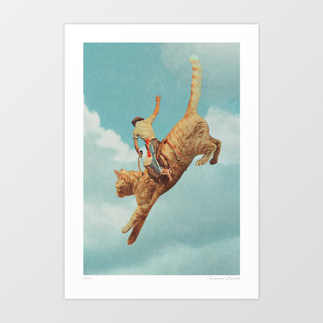 Cowboy riding giant orange tabby cat bucking into blue sky - surreal funny Western rodeo wall art print