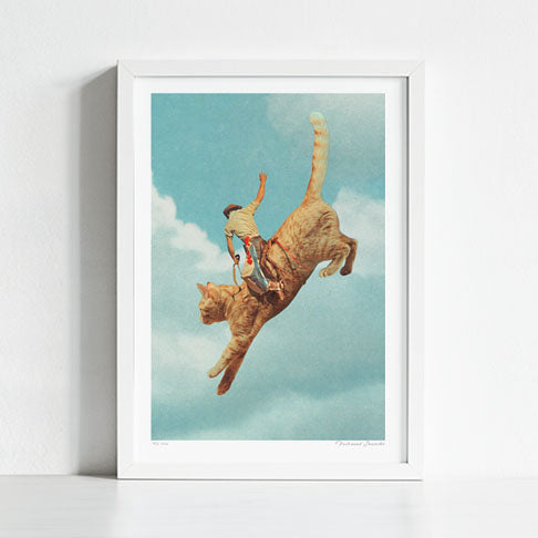 Retro cowboy on bucking cat soaring through air in Wild West style - whimsical yeehaw ranch wall decor