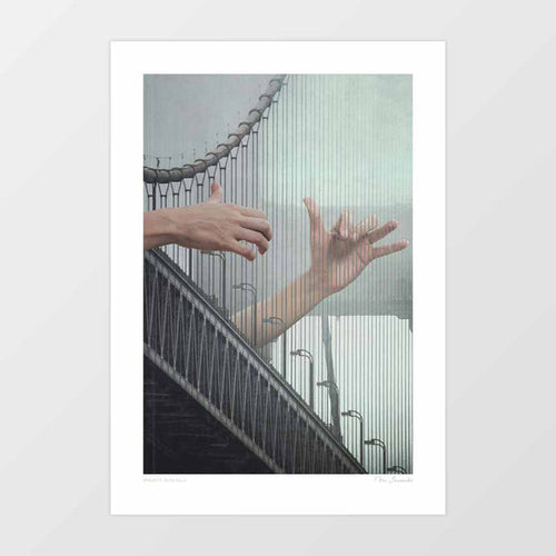 Melodic Bridge Harp art print — two giant disembodied hands playing the vertical steel cables of a fog-shrouded suspension bridge as a harp, cinematic surreal music and architecture wall art in moody grey tones for creative studios and dark academic interiors