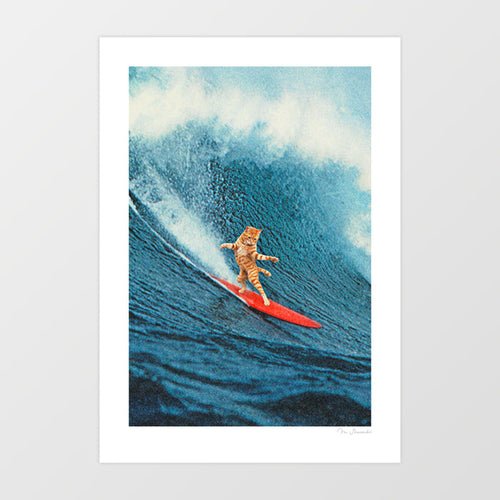 Meowmi Vice surfing ginger cat art print by Vertigo Artography — retro wave pop surrealist wall art poster for cat lovers and creative interiors