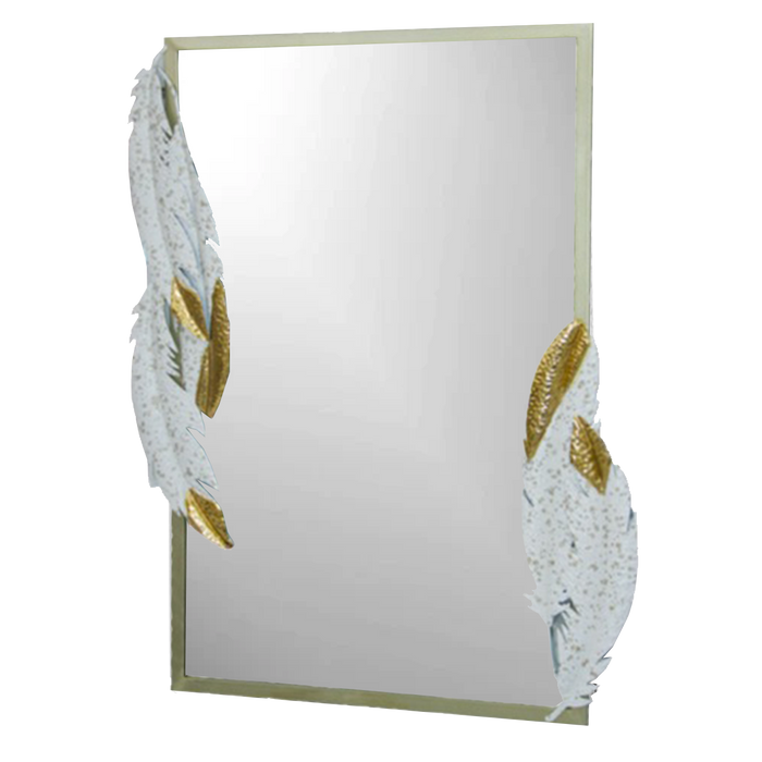 Metal Frame Rectangular Wall Mirror | White & Gold Feathers
