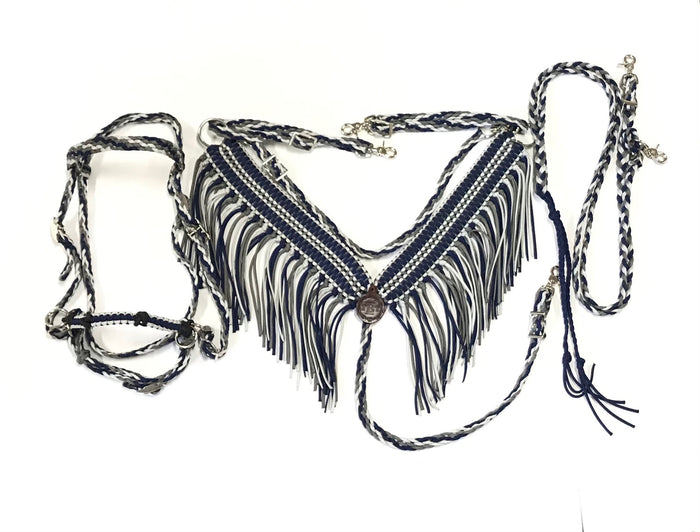 midnight blue breast collar tack set navy and grey with bitless bridle - Tiffanys Braided Tack LLC