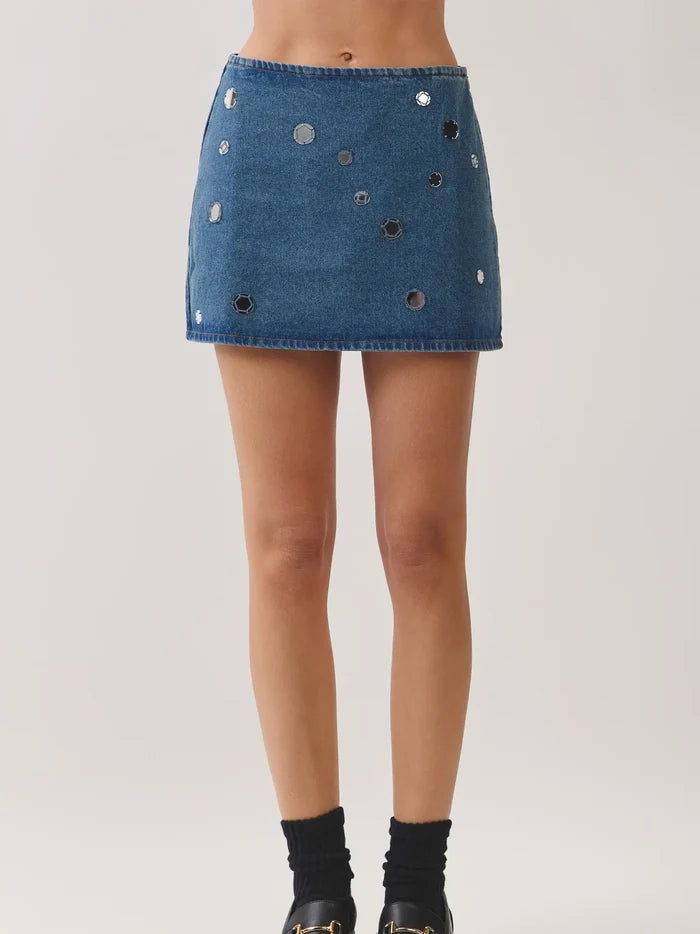 Mirror Embellished Denim Mini Skirt