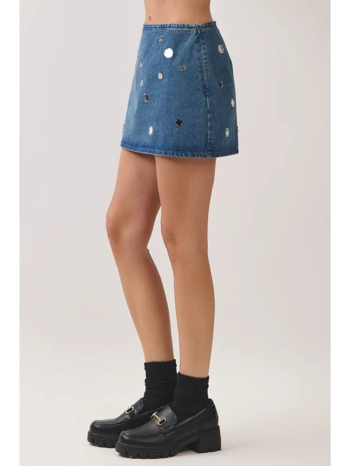Mirror Embellished Denim Mini Skirt