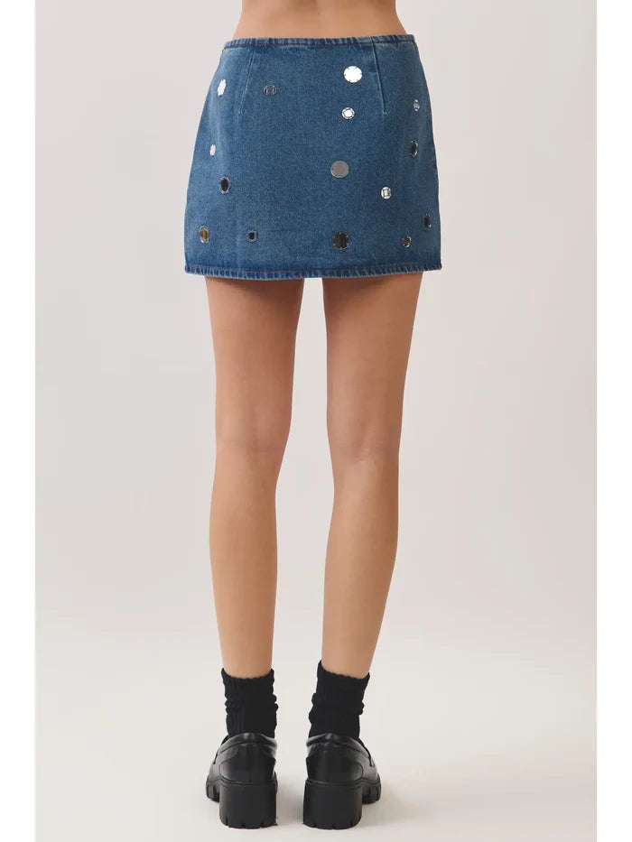 Mirror Embellished Denim Mini Skirt