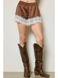 Mocha Lace Trim Satin Lounge Shorts