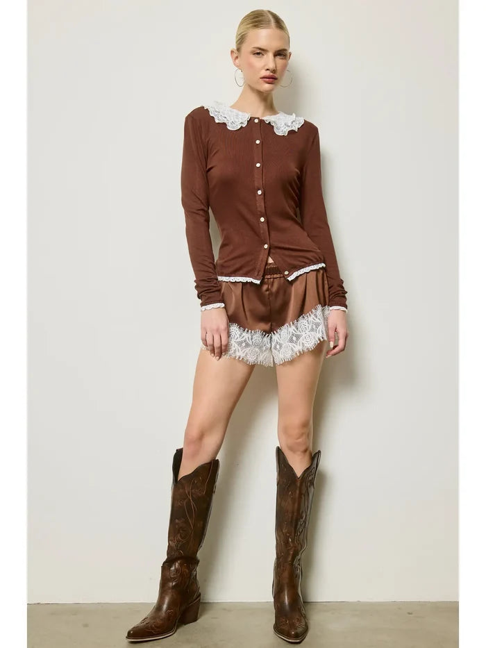 Mocha Lace Trim Satin Lounge Shorts