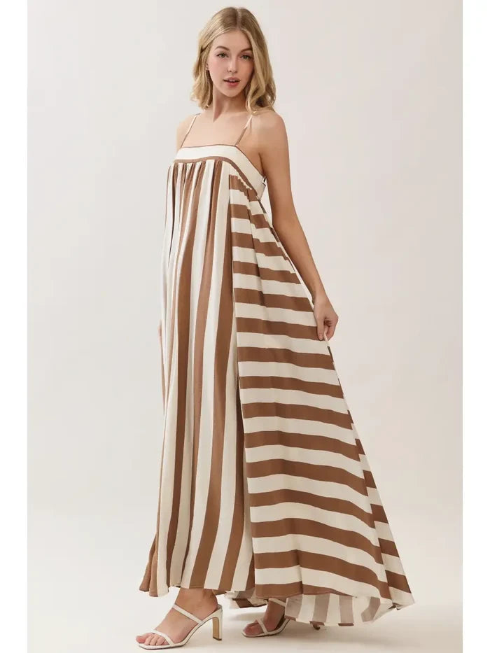 Mocha Striped Print Sleeveless Maxi Dress