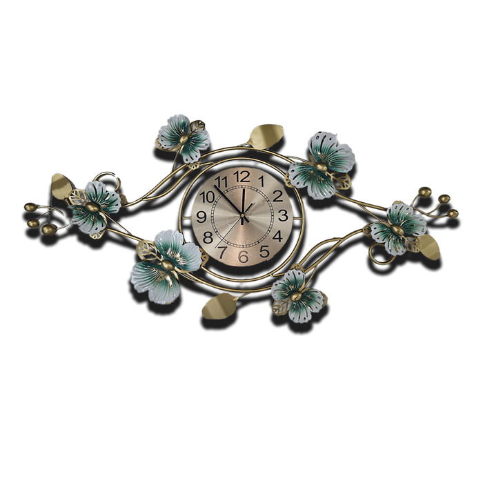 Modern Metal Wall Clock - Leaves, Butterflies