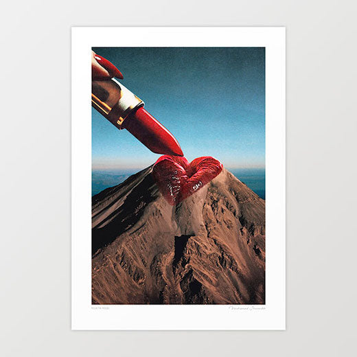 Surreal art print — giant red lipstick applying a crimson heart to a snow-dusted volcano peak against a blue sky, glamour meets geology wall art by Vertigo Artography