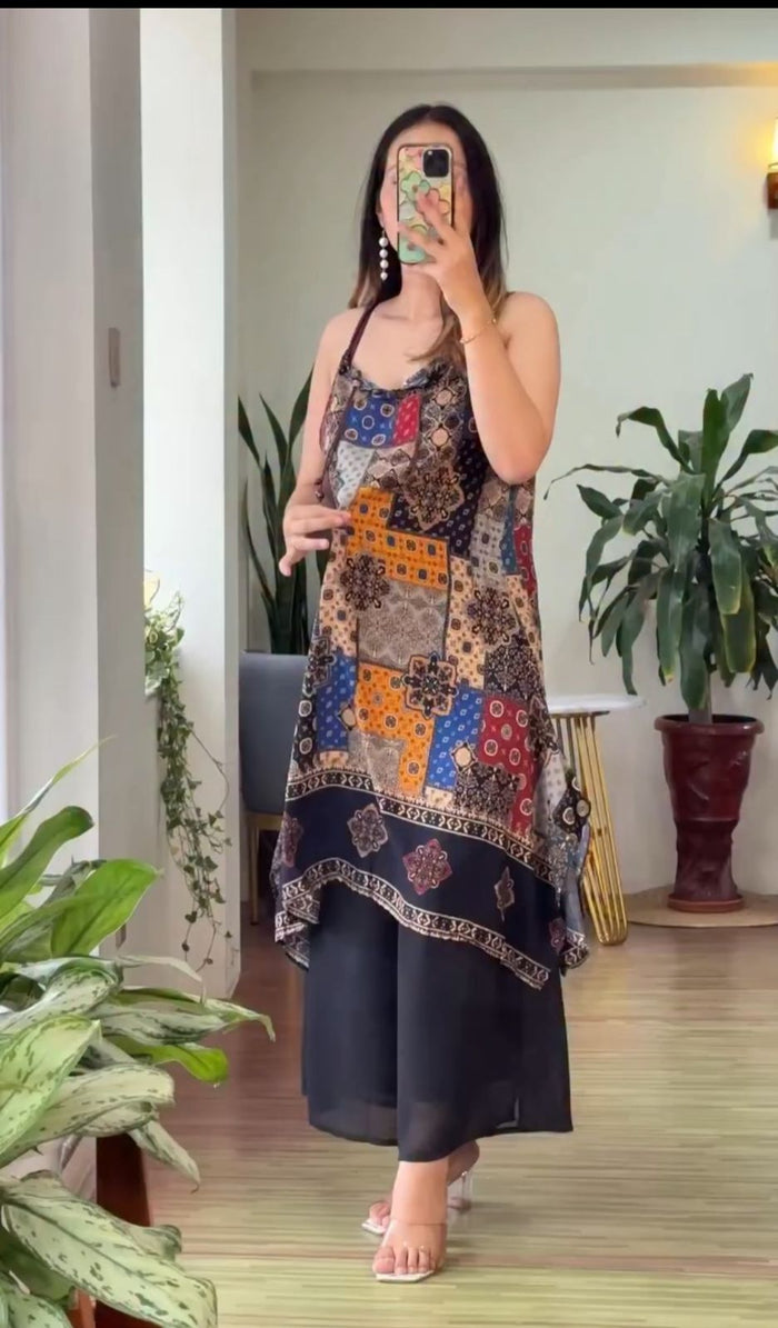 Multicolor Block Print Sleeveless Kurti with Palazzo