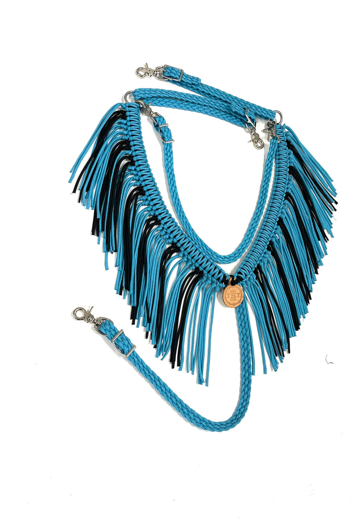 Neon turquoise and black fringe breast collar with a wither strap - Tiffanys Braided Tack LLC