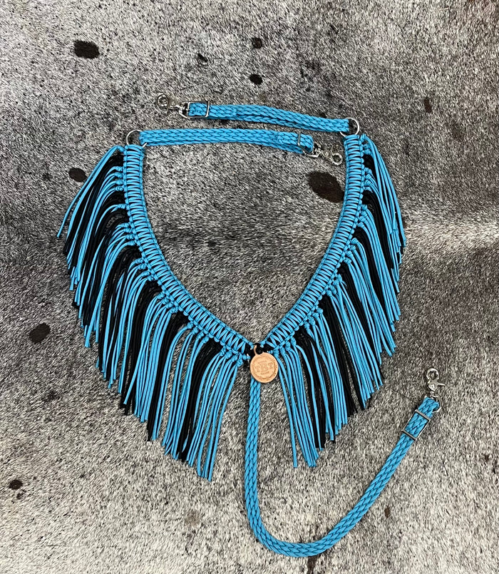 Neon turquoise and black fringe breast collar with a wither strap - Tiffanys Braided Tack LLC