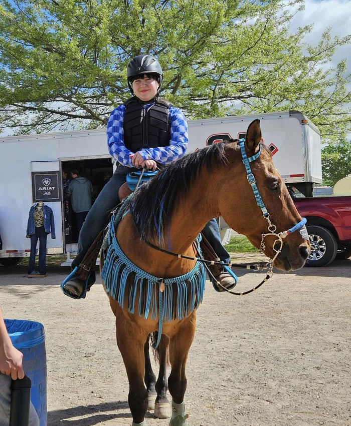 Neon turquoise and black fringe breast collar with a wither strap - Tiffanys Braided Tack LLC
