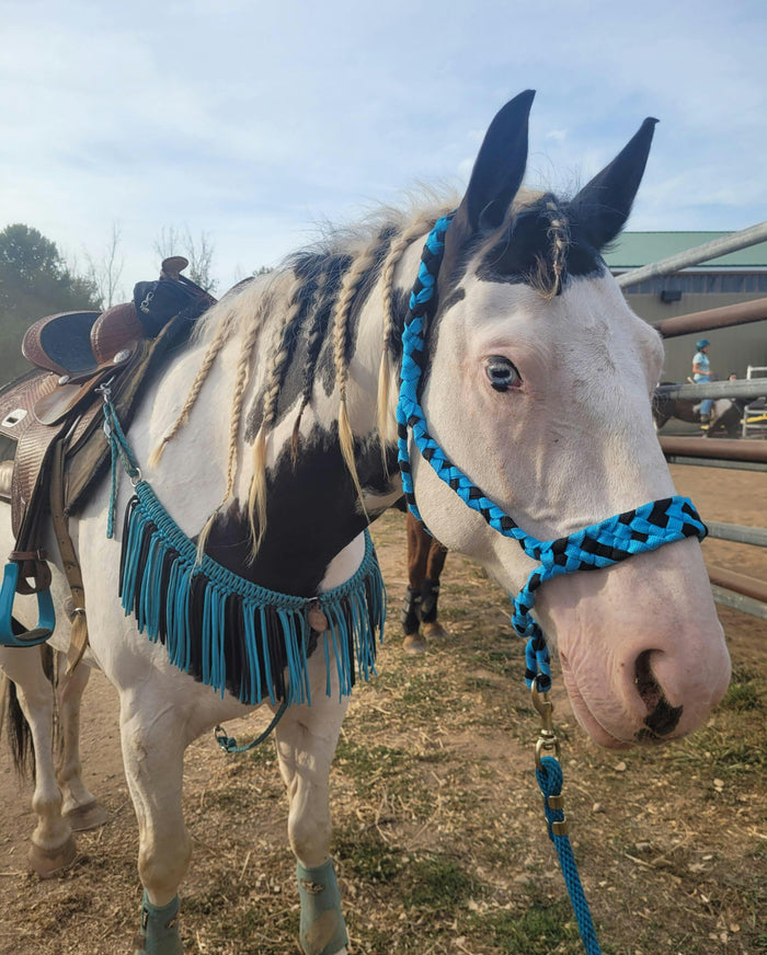 Neon turquoise and black fringe breast collar with a wither strap - Tiffanys Braided Tack LLC
